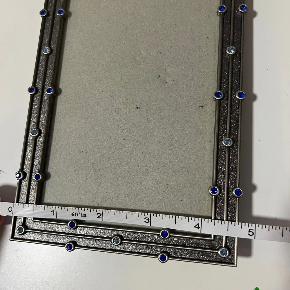 Elsa L Inc Pewter Bejeweled Picture Frame Blue Crystals Textured Metal 4x6